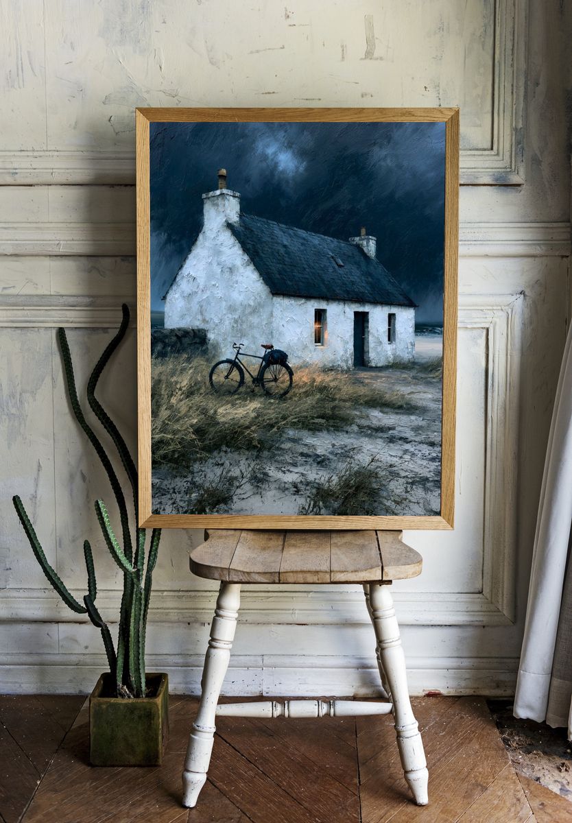 Stormy Coastal Cottage Painting Poster. — room view 1