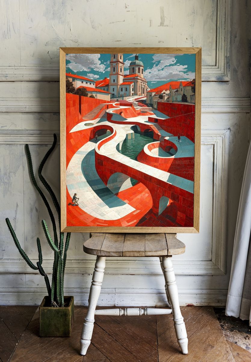 Red Canal Cityscape Surrealism Poster. — room view 1