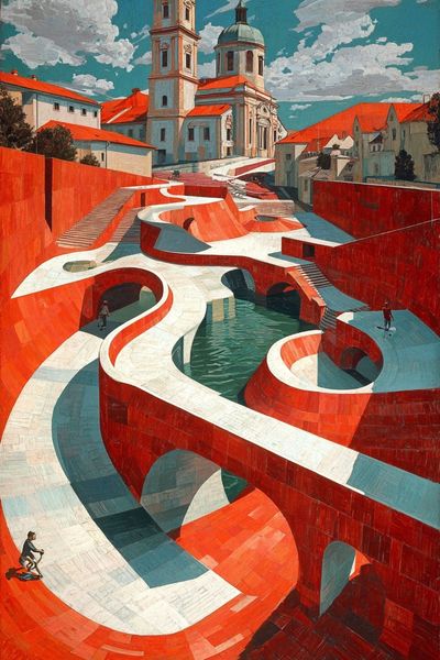 Red Canal Cityscape Surrealism Poster. poster
