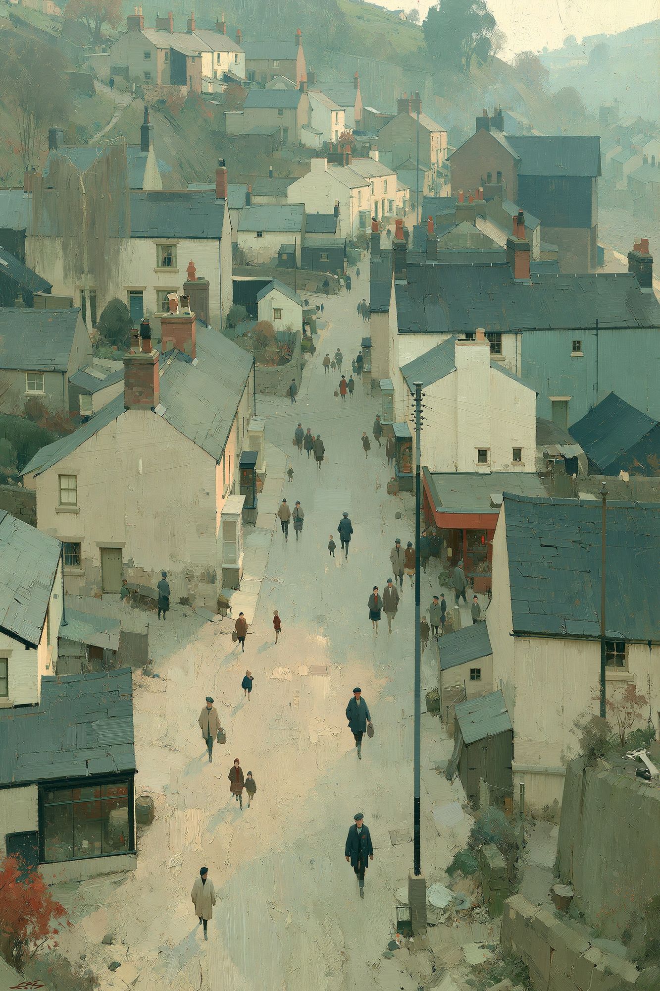 Misty Village Street — Fine-Art Print. poster — fine-art art