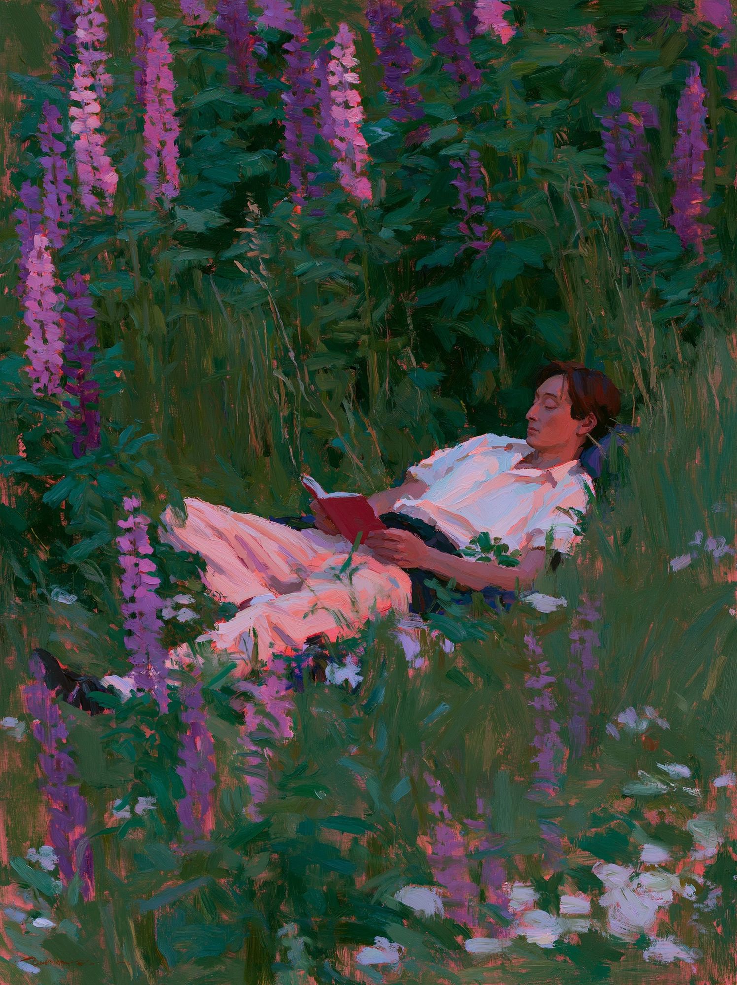 Woman Reading in Wildflowers Print. poster — fine-art art