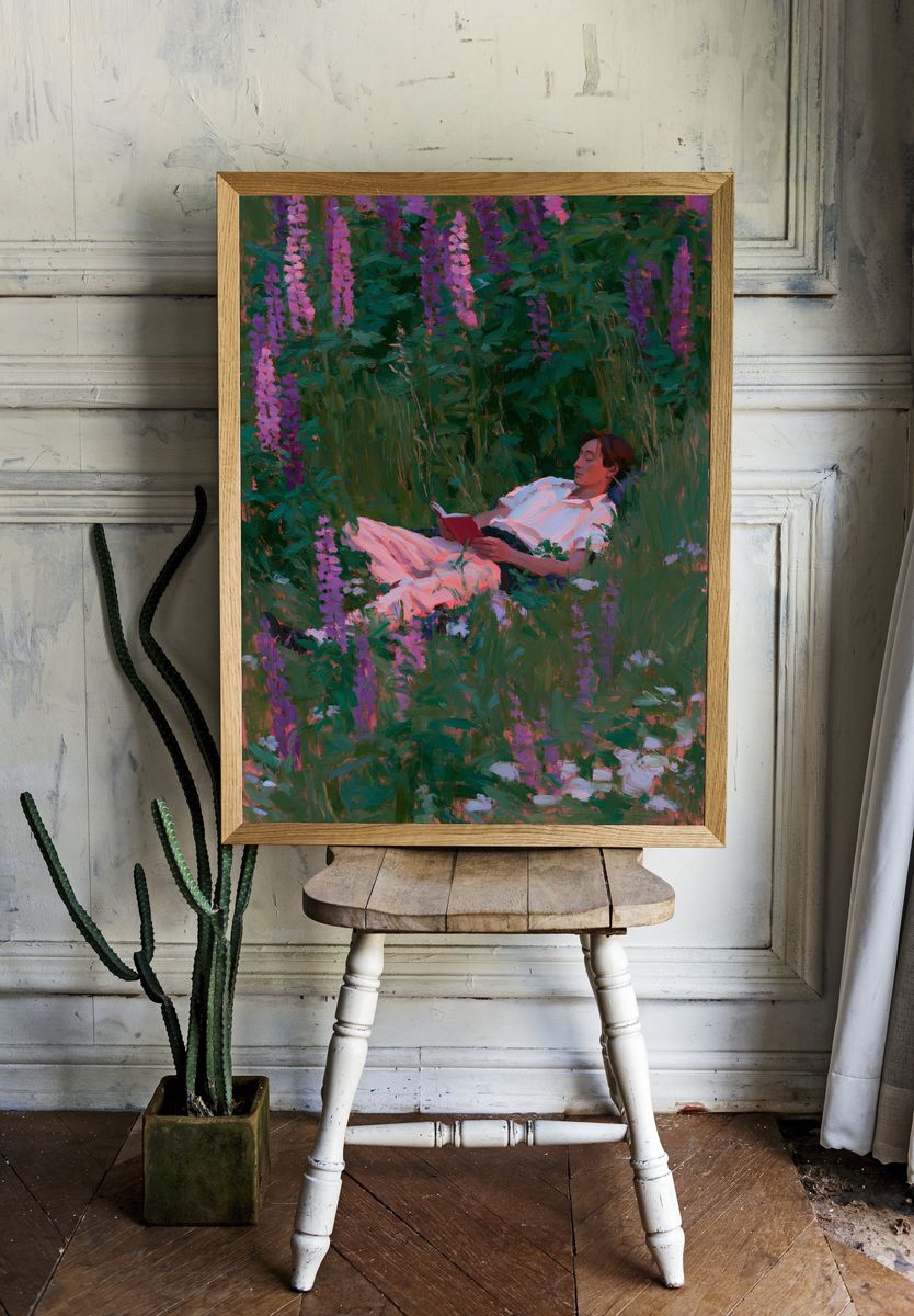 Woman Reading in Wildflowers Print. room preview