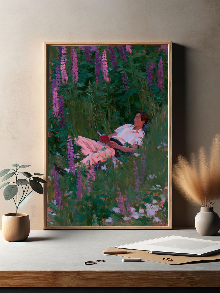 Woman Reading in Wildflowers Print. — room view 2
