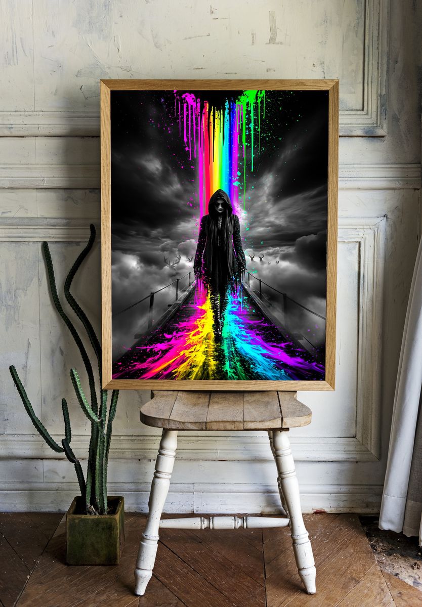 Neon Hooded Figure Surreal Print. — room view 1