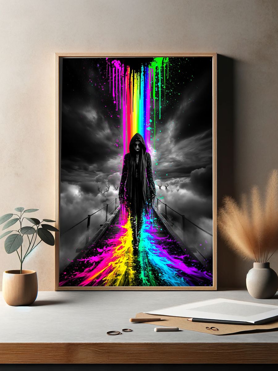 Neon Hooded Figure Surreal Print. — room view 2