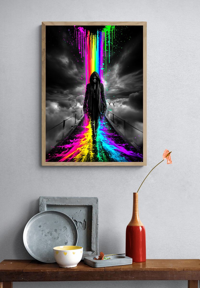 Neon Hooded Figure Surreal Print. — room view 3