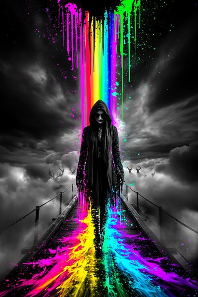 Neon Hooded Figure Surreal Print.