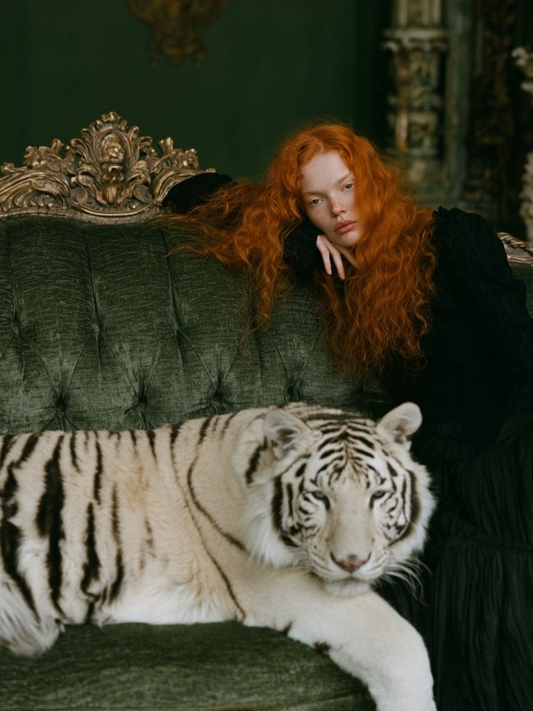 Red-Haired Woman with White Tiger Poster. poster — fine-art art