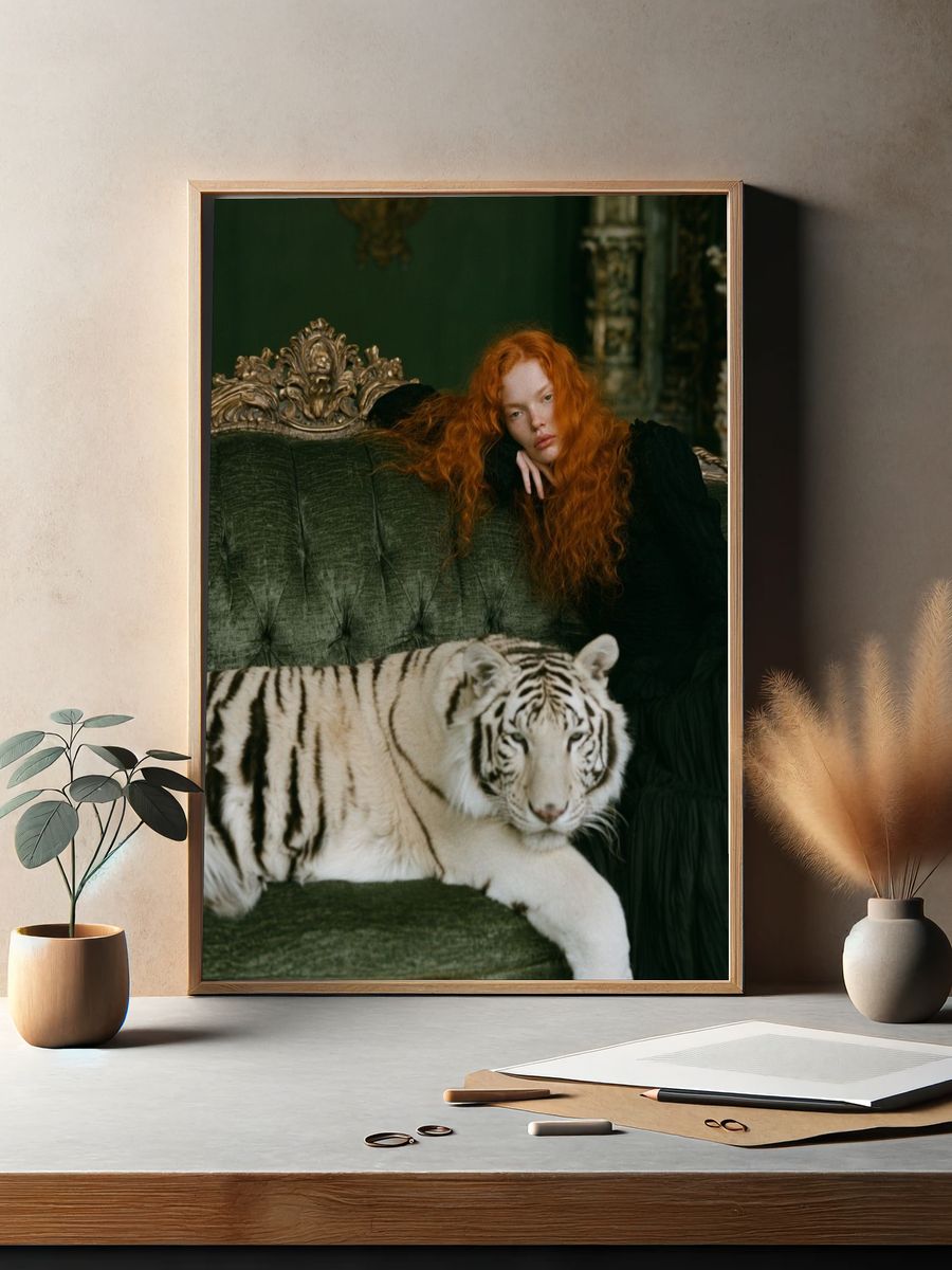 Red-Haired Woman with White Tiger Poster. — room view 2