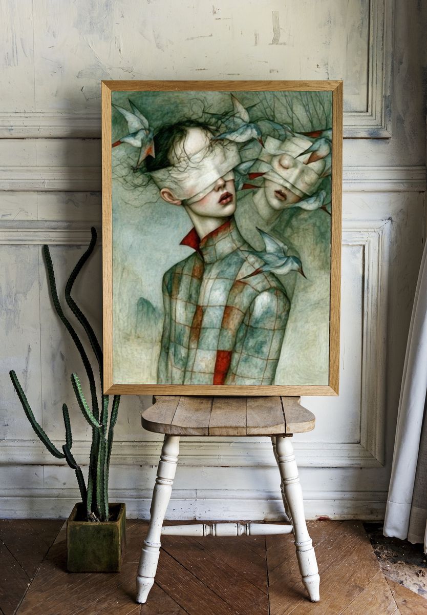 Surreal Bird Woman Illustration Poster. room preview