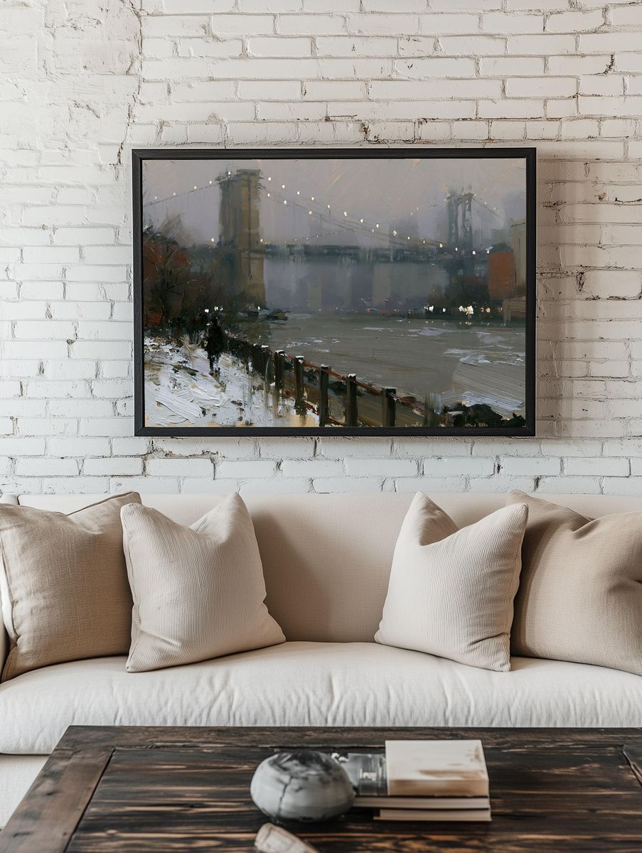 Brooklyn Bridge Winter Cityscape Print. — room view 1