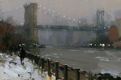 Brooklyn Bridge Winter Cityscape Print. poster
