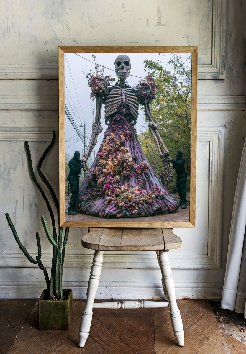 Floral Skeleton Street Art Print. room preview