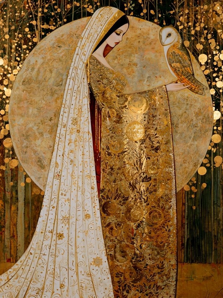 Golden Woman and Owl Fine-Art Print. poster detail