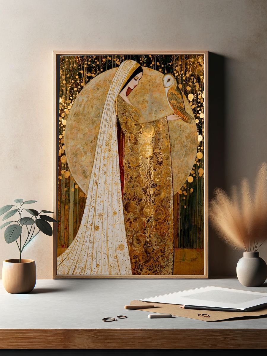 Golden Woman and Owl Fine-Art Print. — room view 2