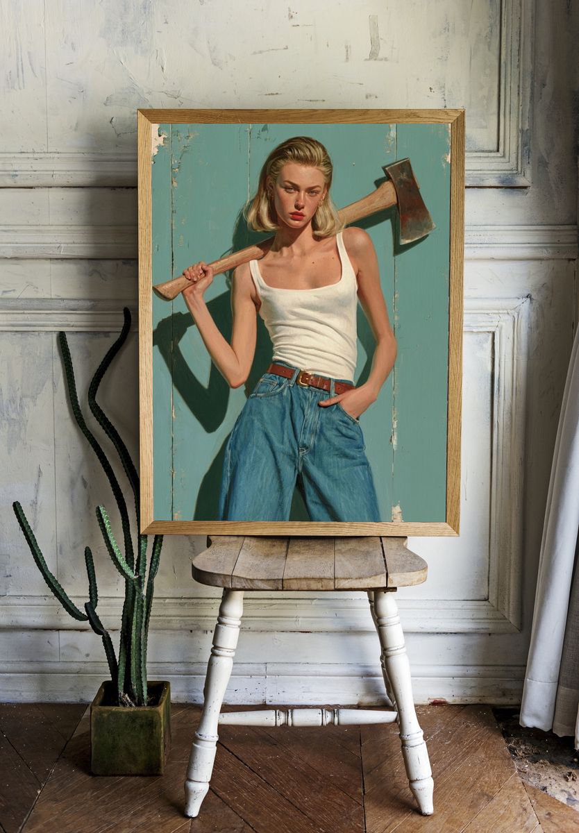 Axe-Wielding Woman Portrait Print. room preview