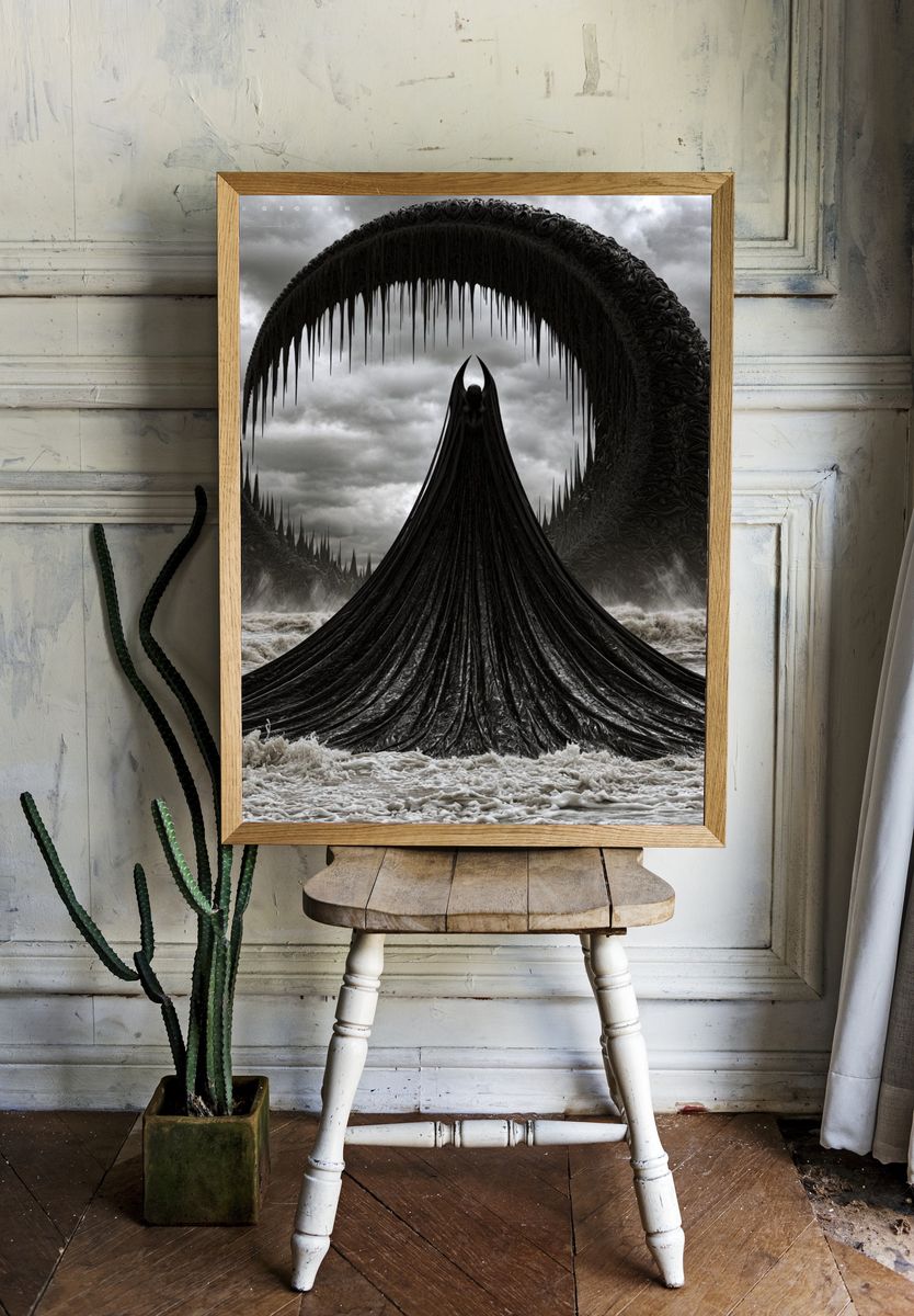 Dark Surreal Sea Guardian Print. room preview