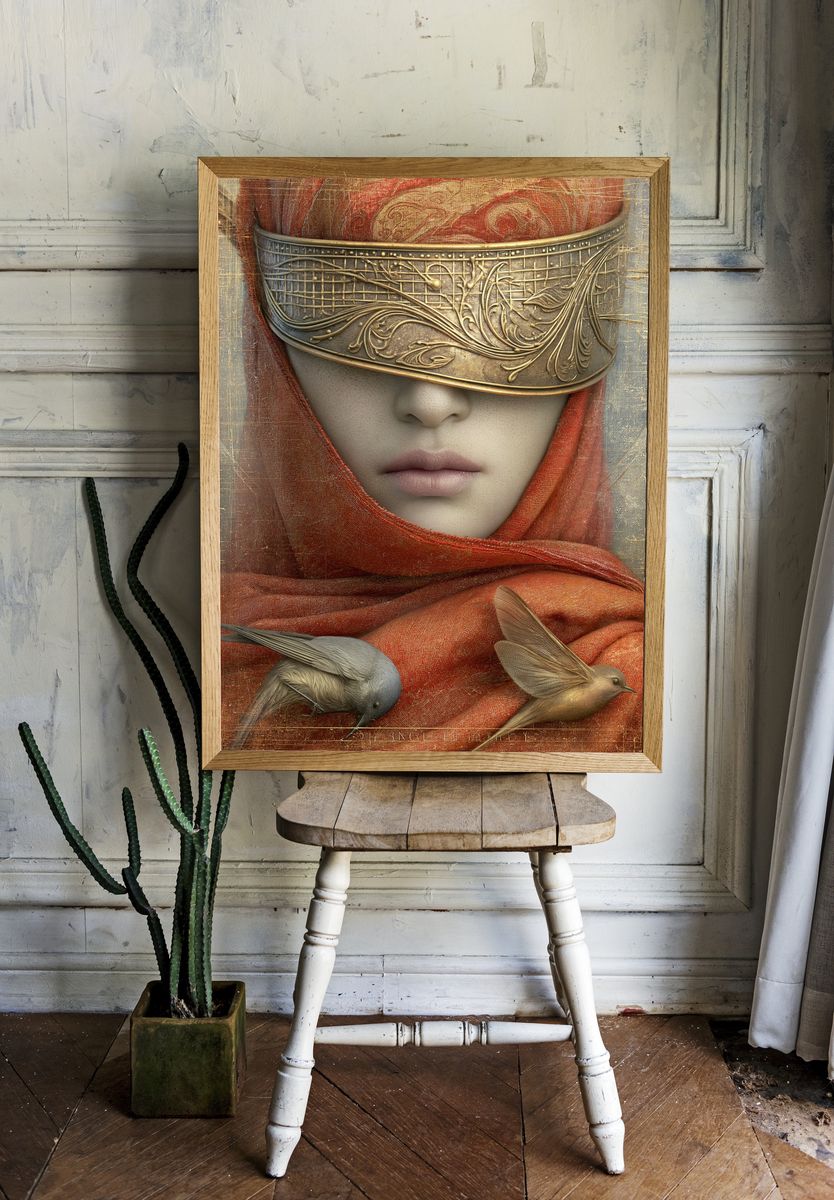 Masked Woman with Birds Fine-Art Print. room preview