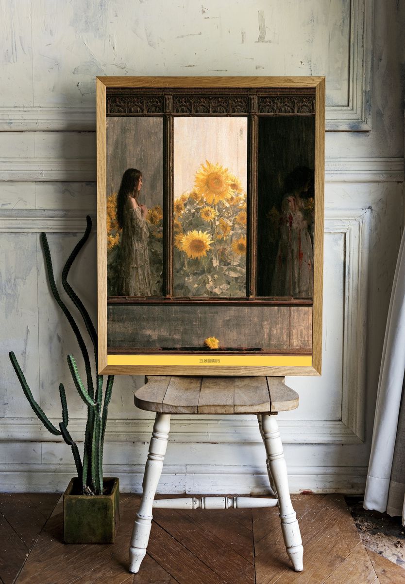 Sunflower Window Scene Print. room preview