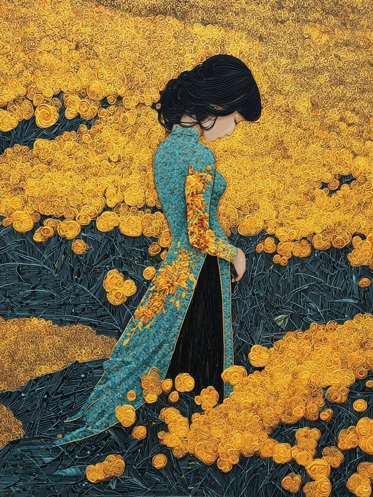 Golden Bloom Woman Contemporary Print. poster — fine-art art