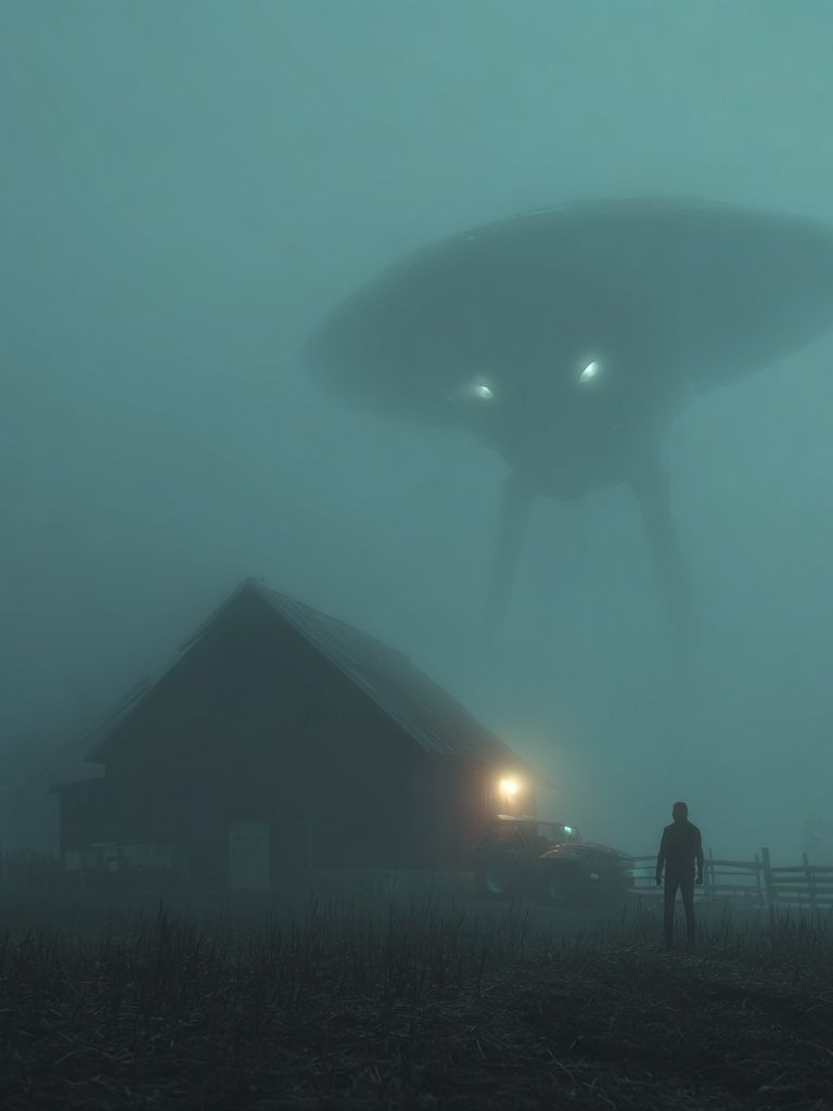 Foggy UFO Encounter — Surreal Print. poster detail