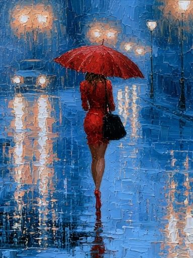 Red Umbrella Rainy Street Poster. poster detail