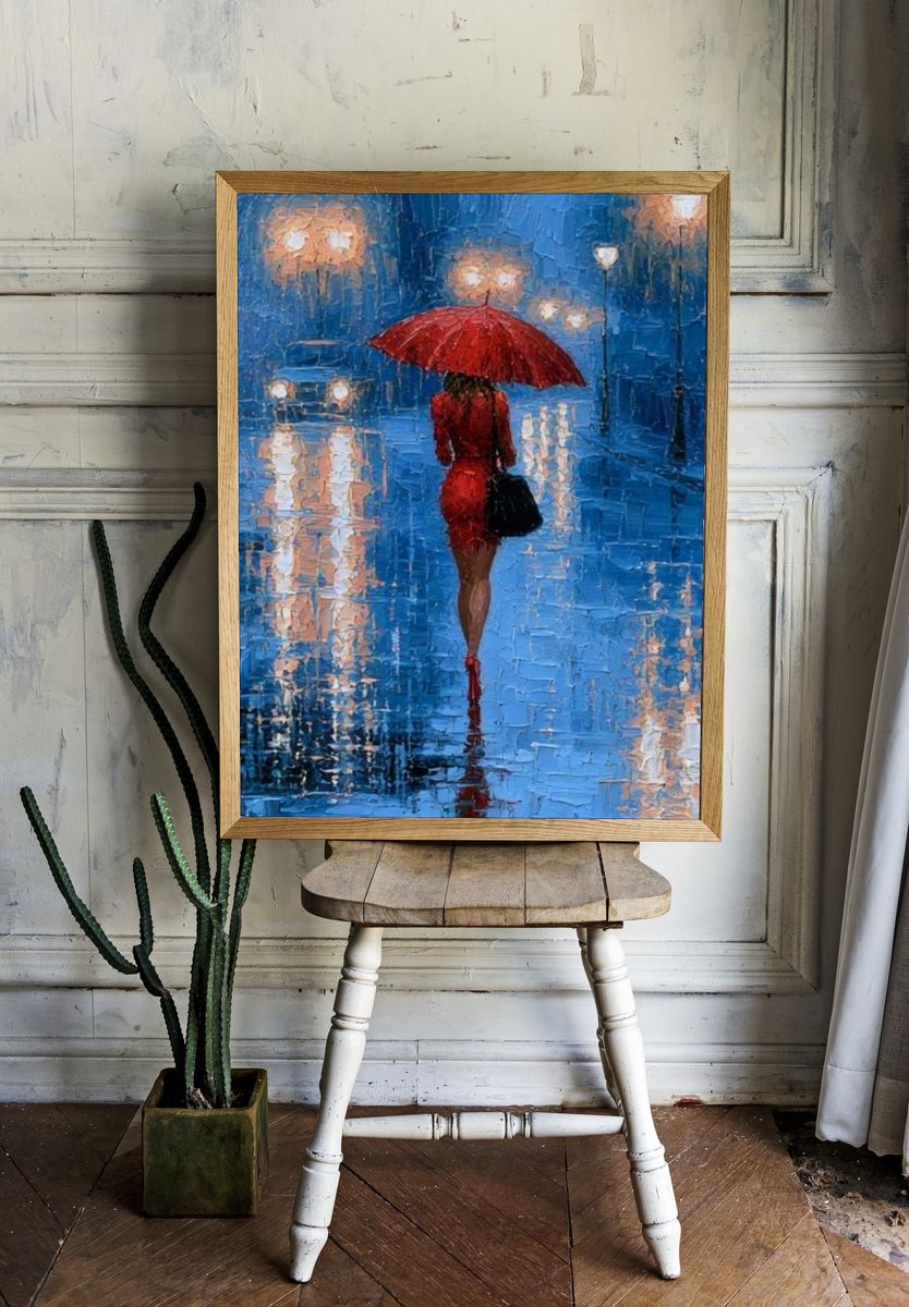 Red Umbrella Rainy Street Poster. room preview