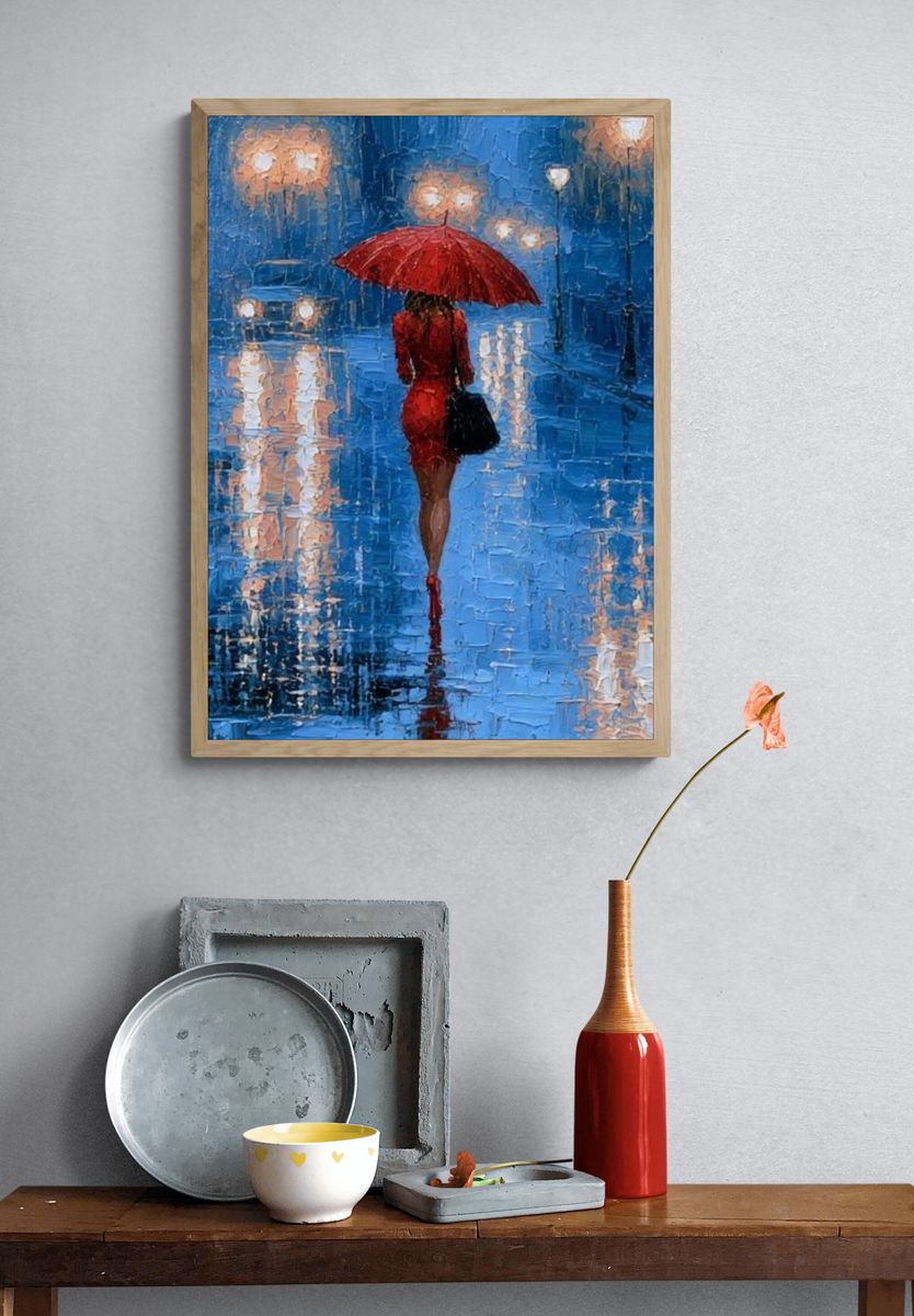Red Umbrella Rainy Street Poster. — room view 3