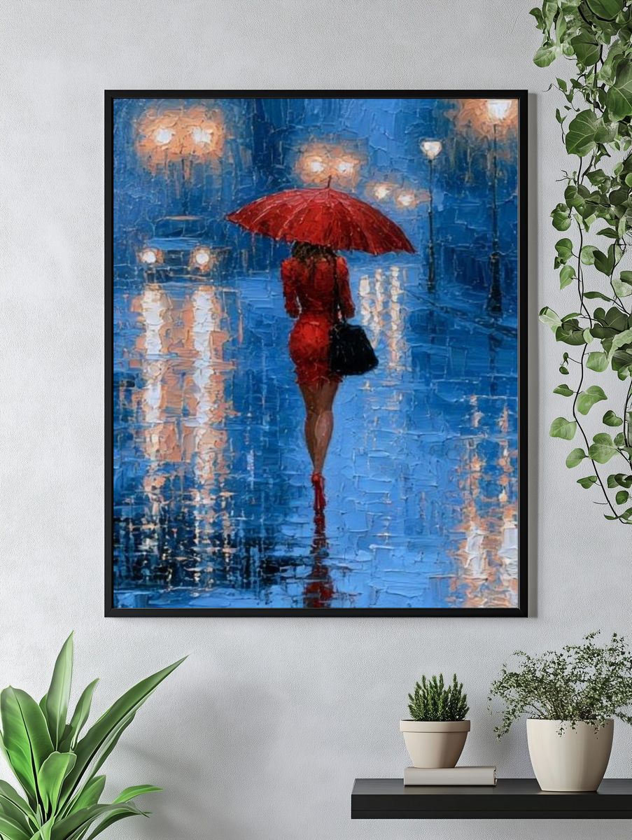 Red Umbrella Rainy Street Poster. — room view 4