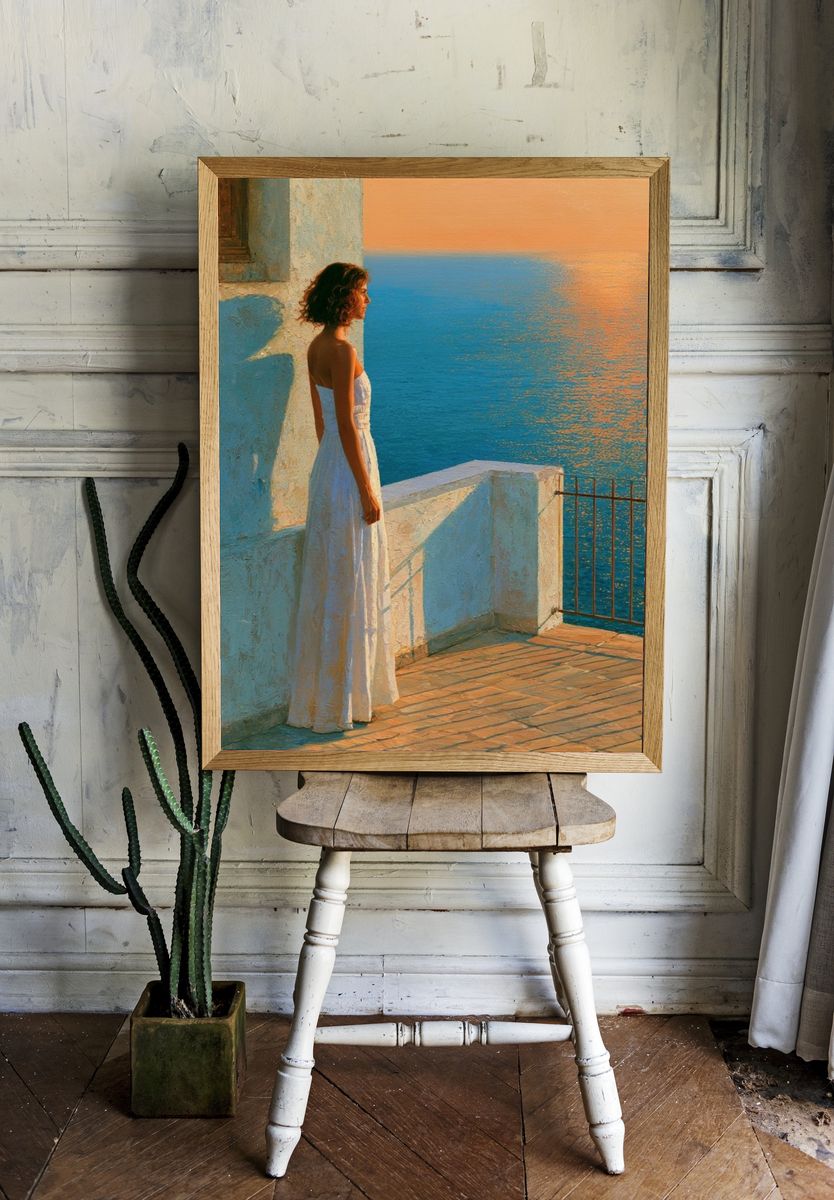 Seaside Woman at Sunset Print. room preview