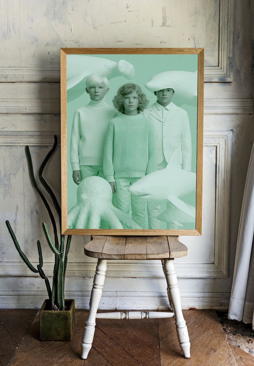 Mint Surreal Children and Sea Creatures Print. — room view 1