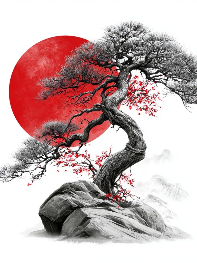 Red Sun Bonsai Ink Print. poster detail