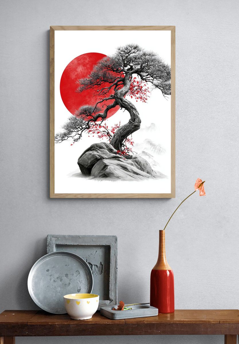 Red Sun Bonsai Ink Print. — room view 3