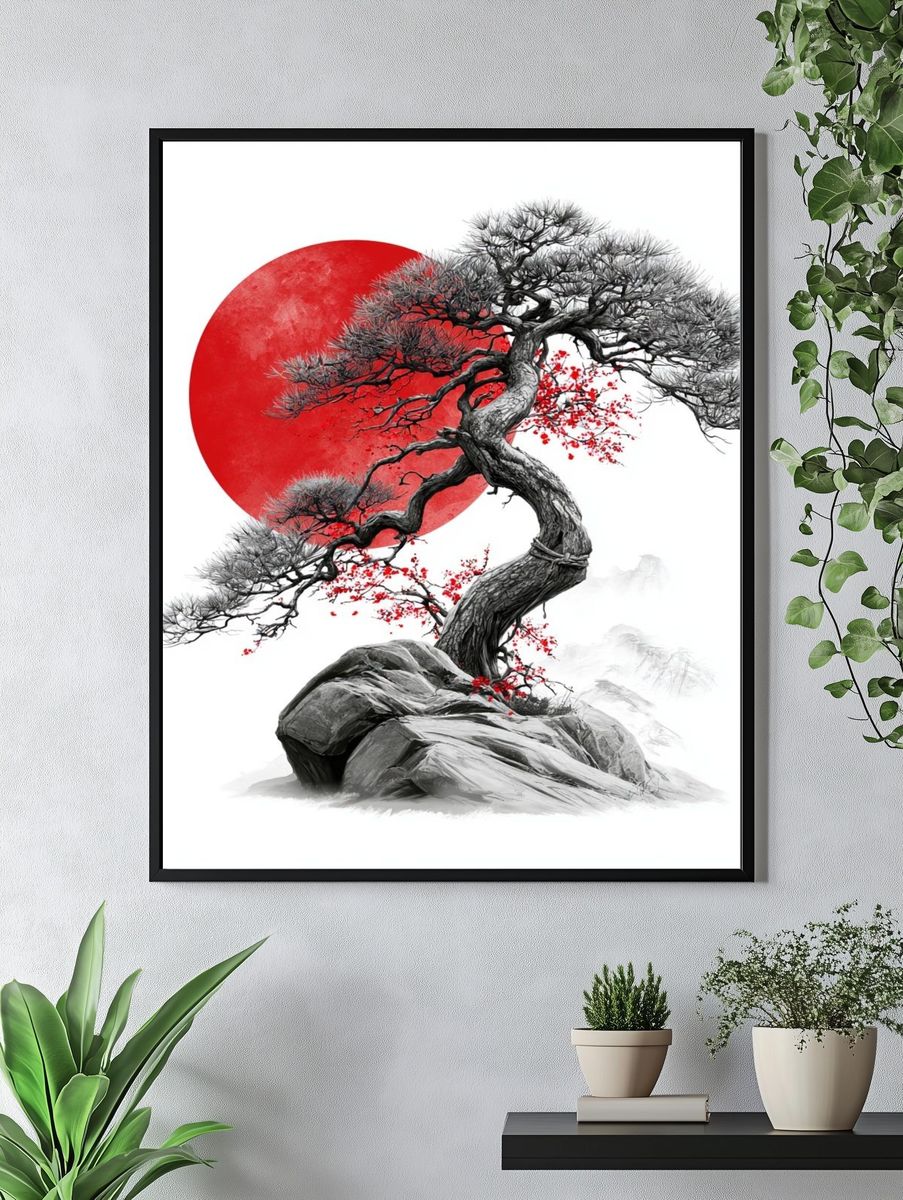 Red Sun Bonsai Ink Print. — room view 4