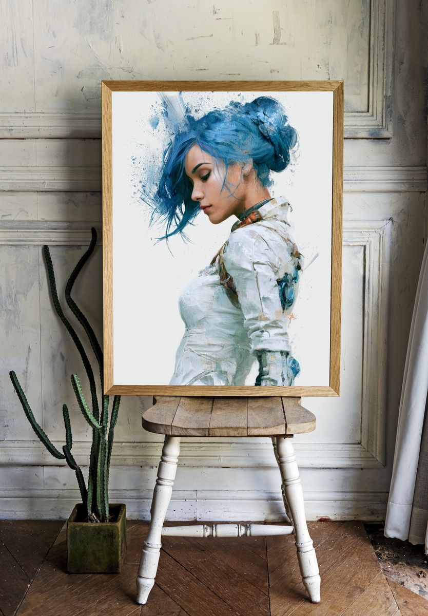 Blue-Haired Woman Portrait Print. — room view 1