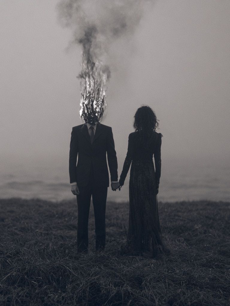 Burning Head Couple Surrealism Print. poster detail