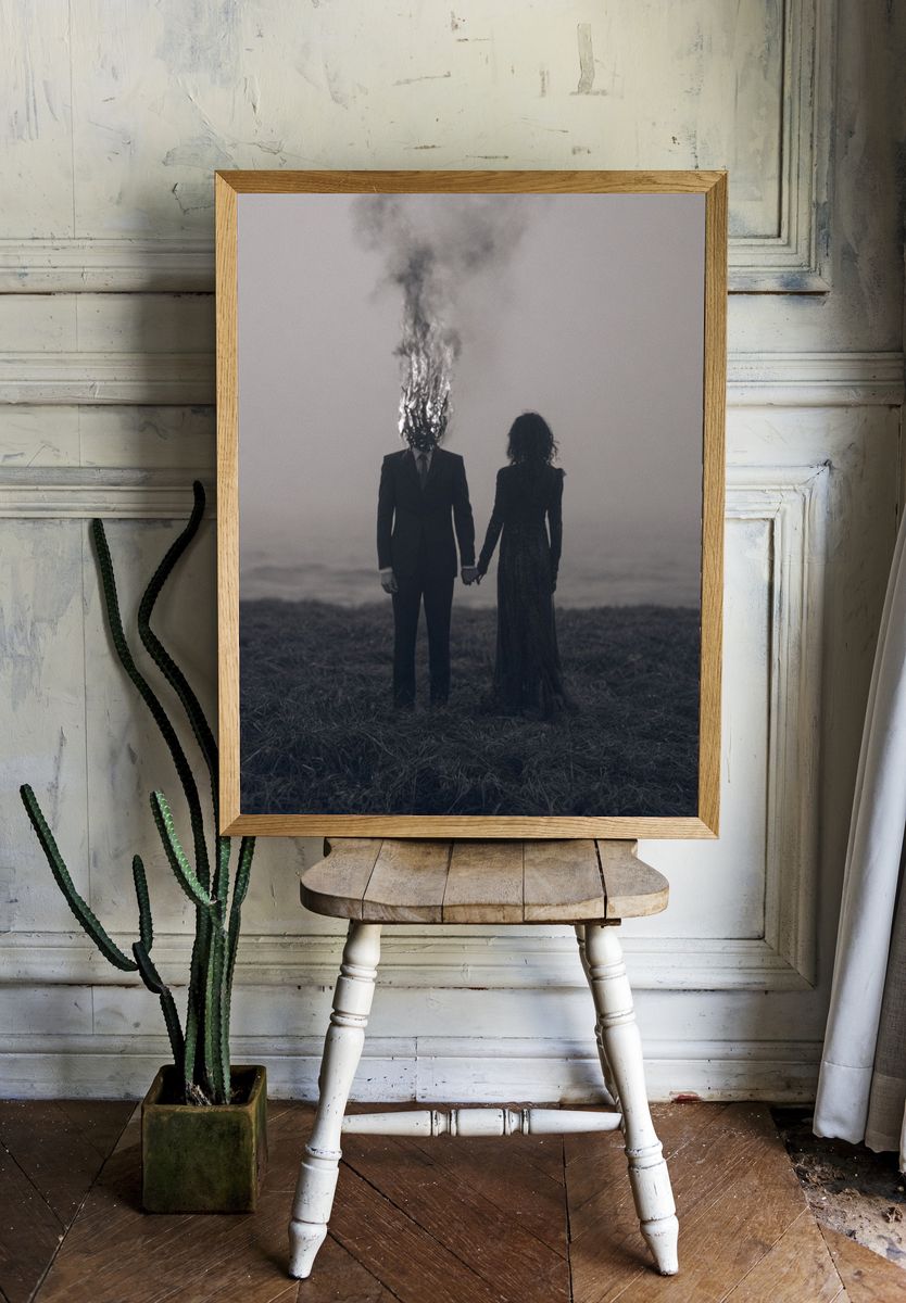 Burning Head Couple Surrealism Print. room preview
