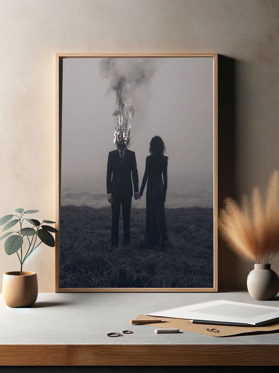 Burning Head Couple Surrealism Print. — room view 2