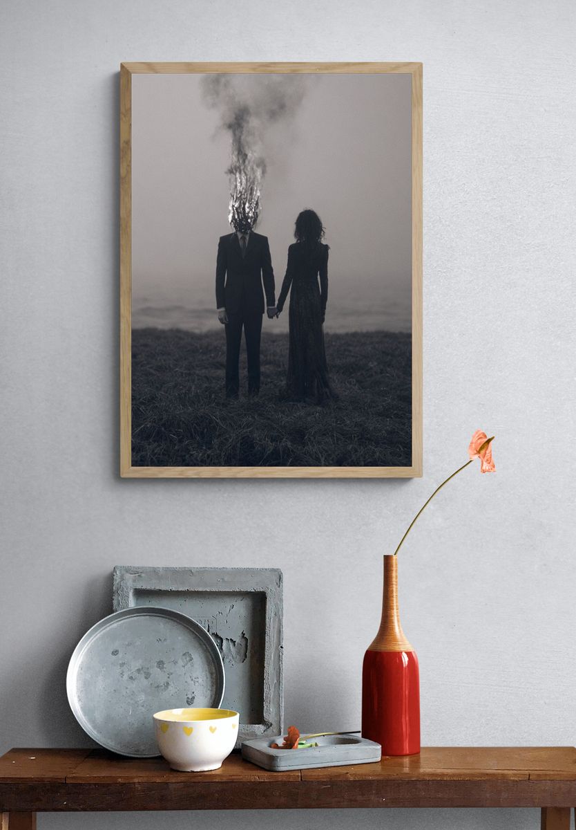 Burning Head Couple Surrealism Print. — room view 3
