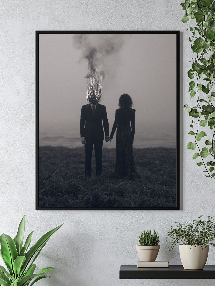 Burning Head Couple Surrealism Print. — room view 4