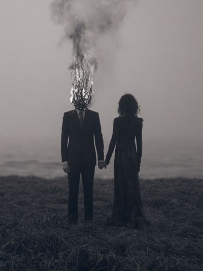 Burning Head Couple Surrealism Print. poster