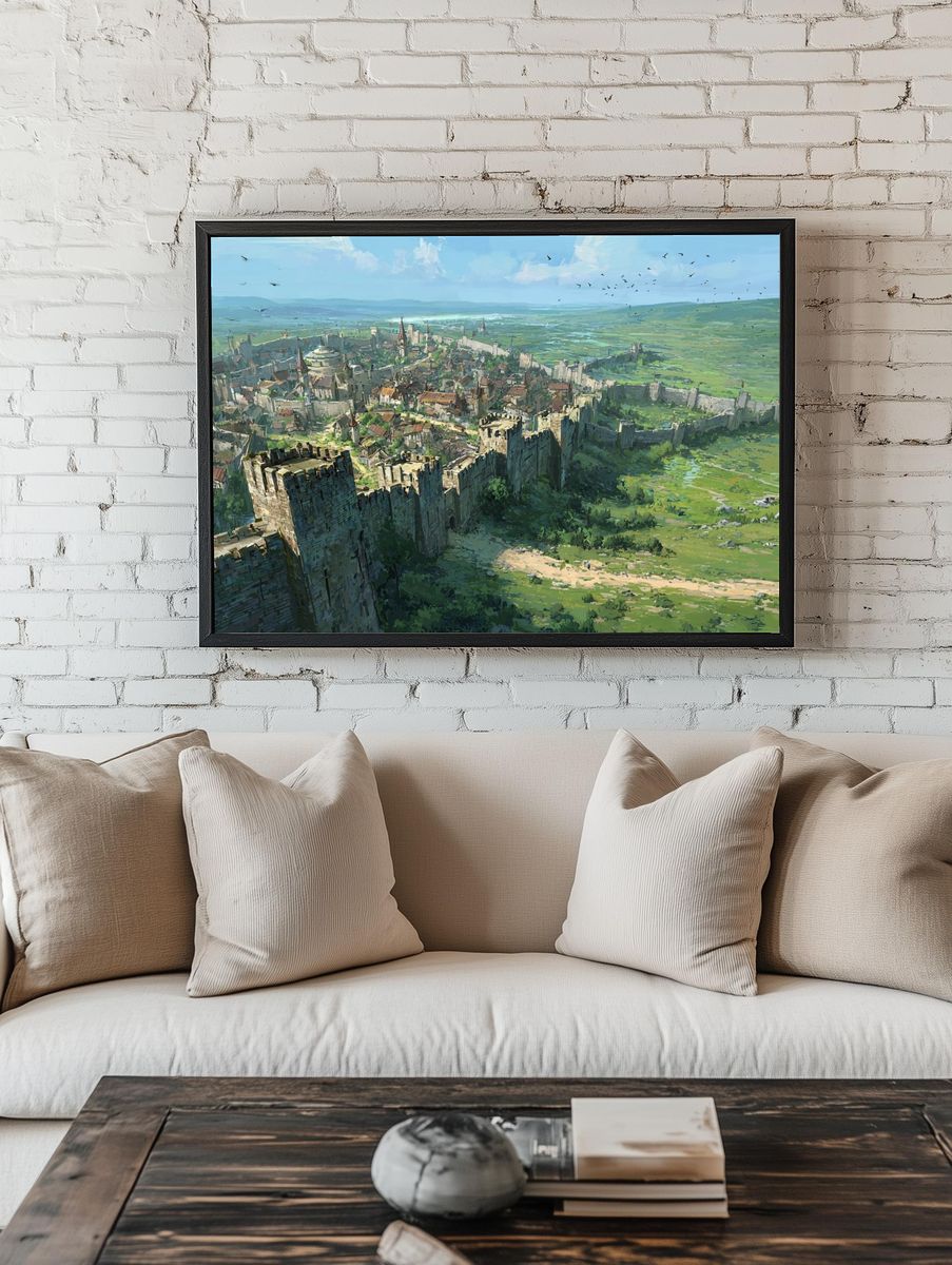 Medieval Walled City Landscape Print. room preview