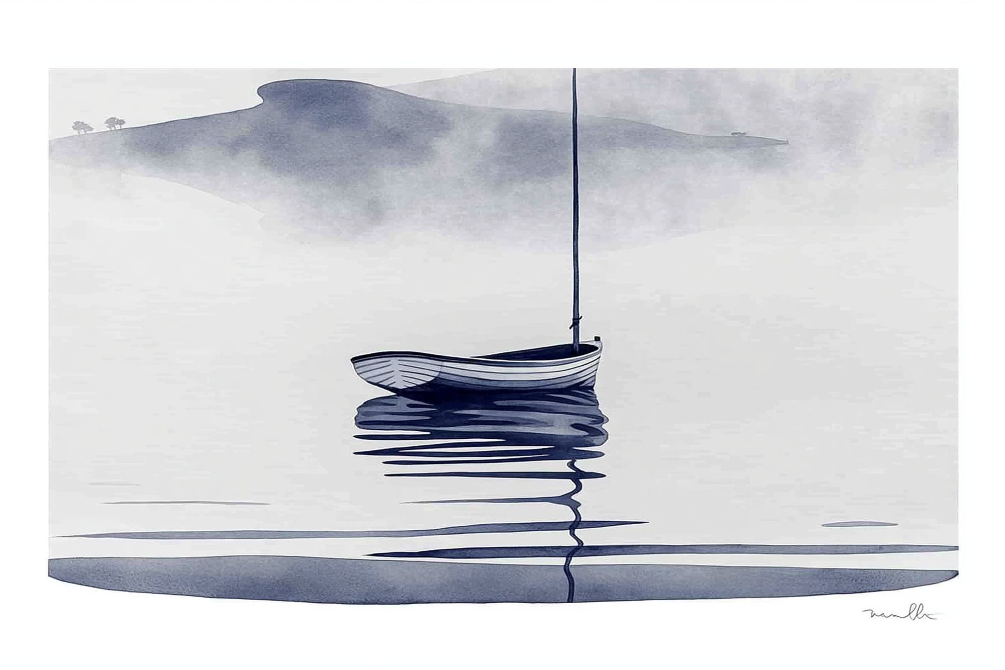 Solitary Boat Mist Print. poster detail