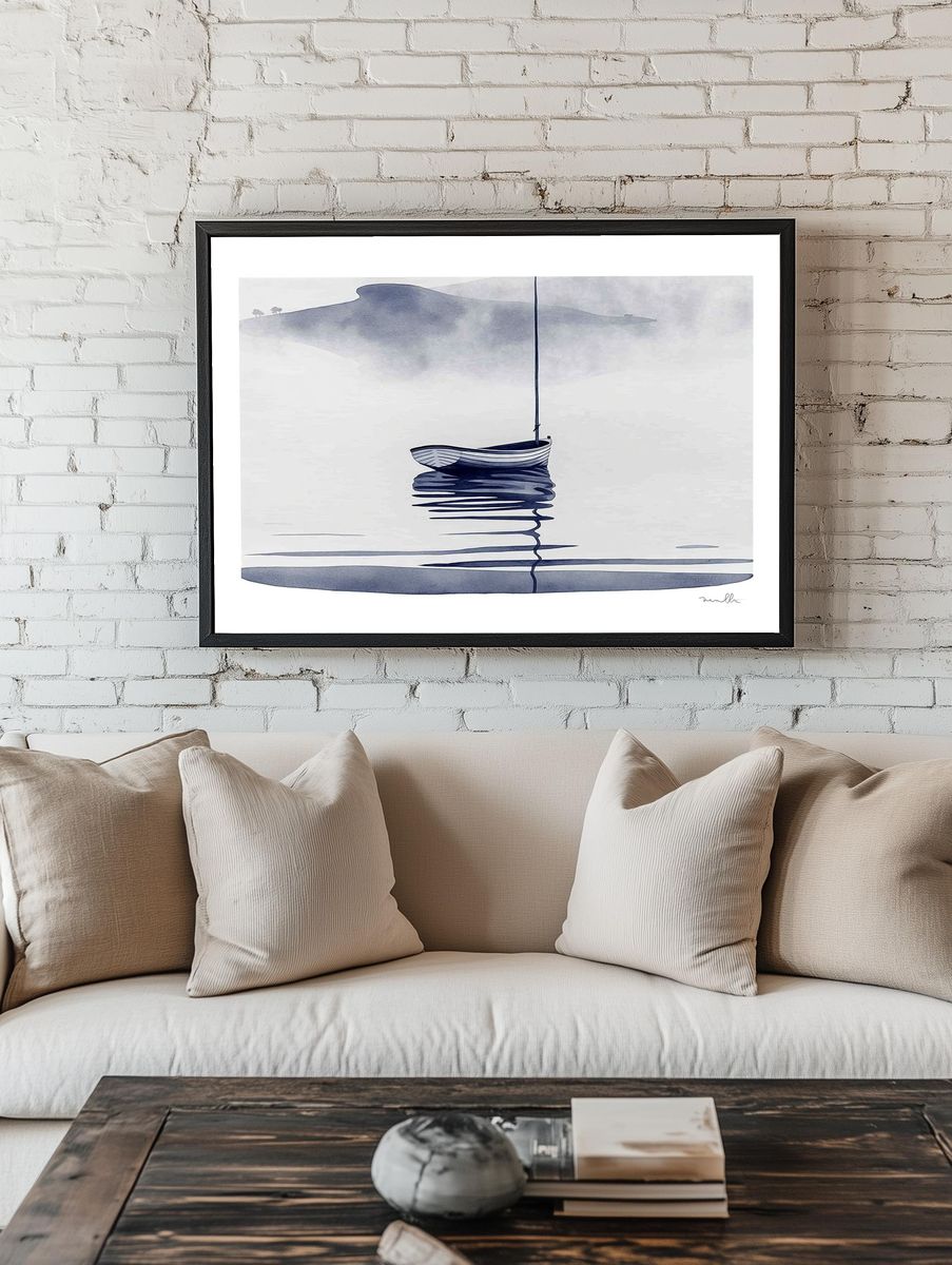 Solitary Boat Mist Print. — room view 1