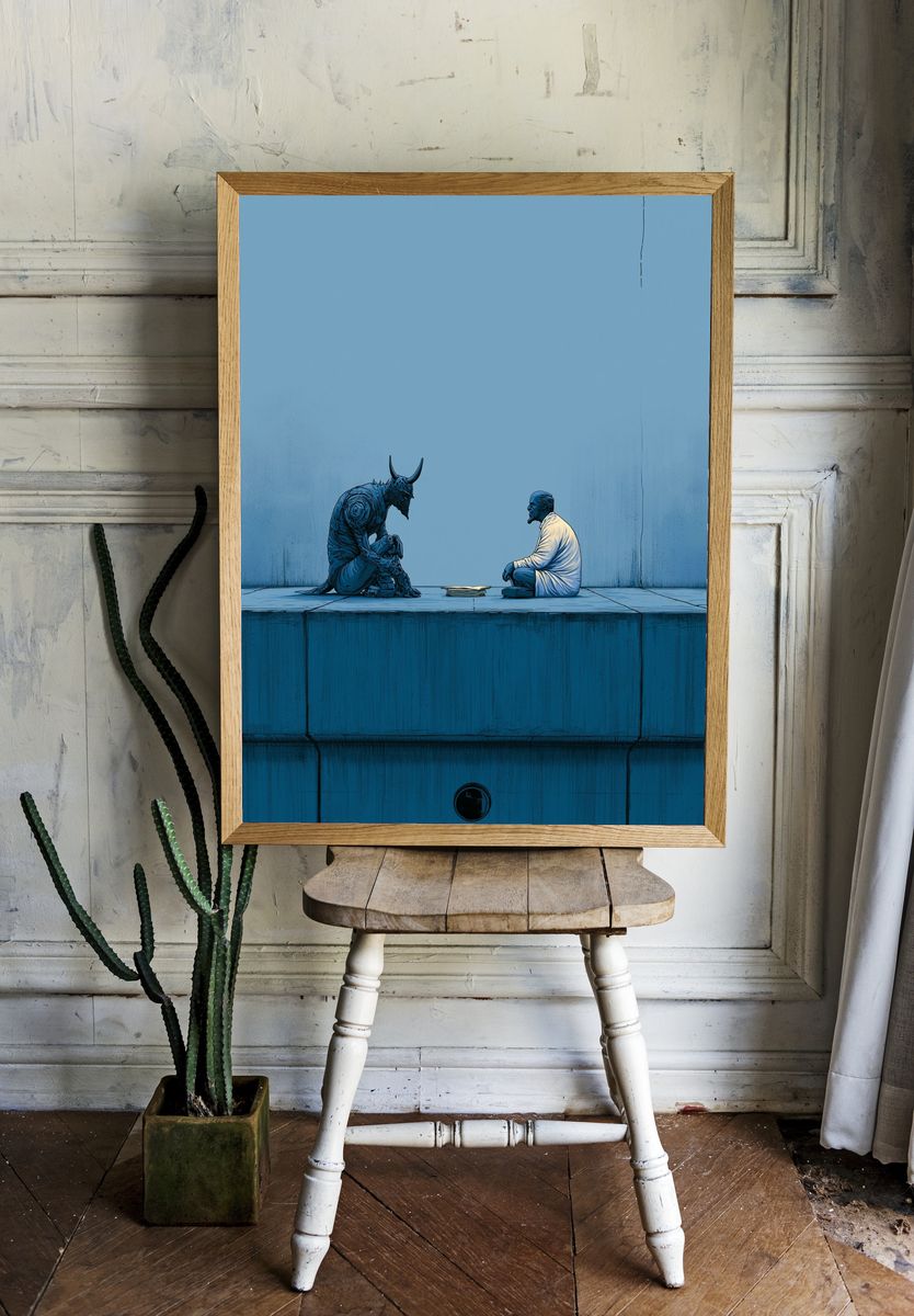 Blue Surreal Encounter Print. room preview