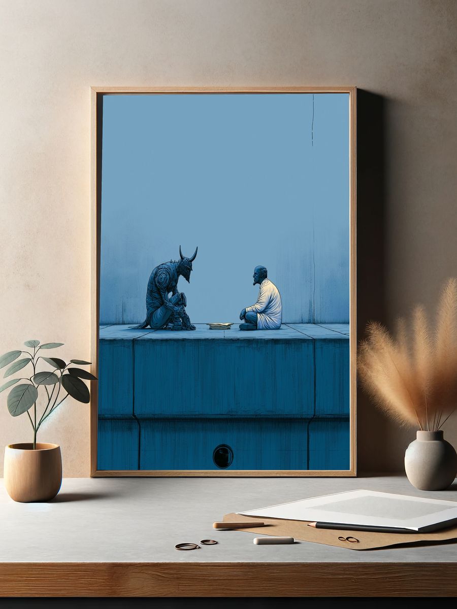 Blue Surreal Encounter Print. — room view 2