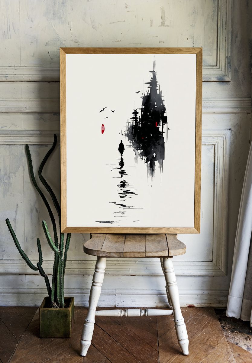 Japanese Ink Cityscape Poster. — room view 1