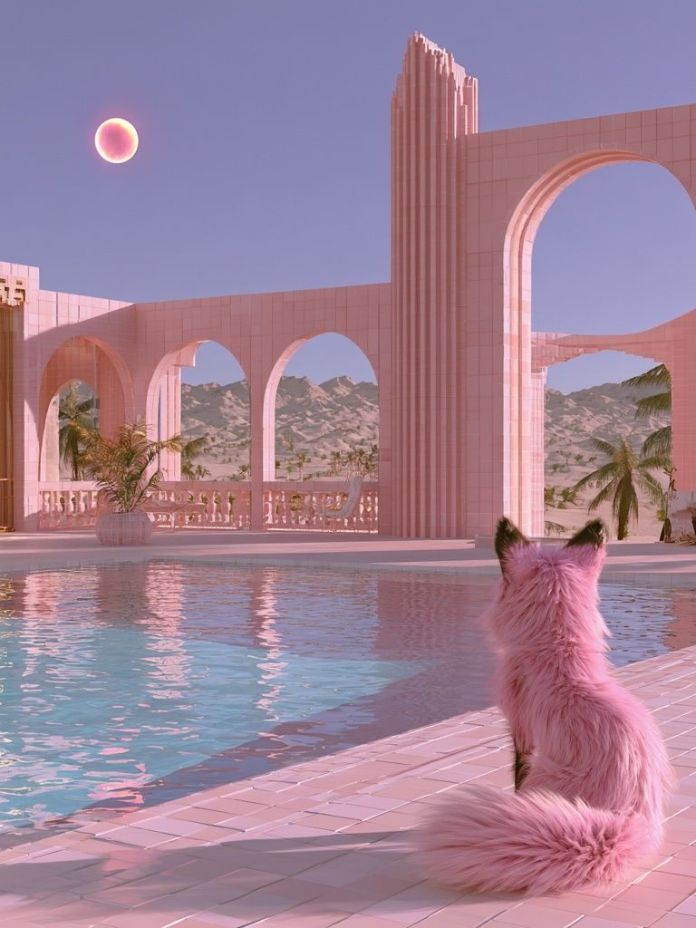 Pink Cat by the Pool Poster. poster detail