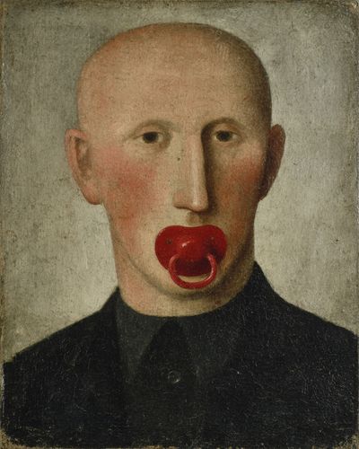 Surreal Portrait with Red Pacifier Print. poster print