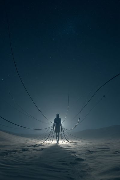Lone Figure in Moonlit Desert Print.